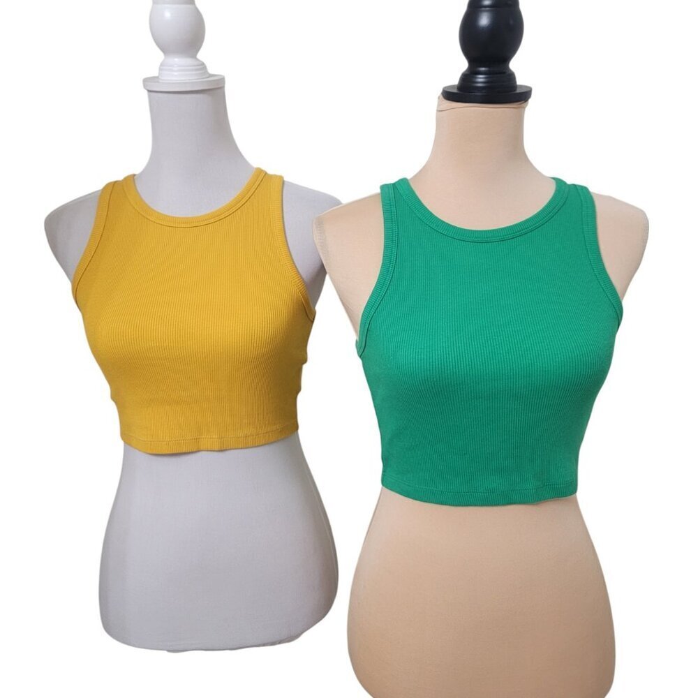 2 For 1 H&M Size S 1 Green, 1 Marigold Yellow Ribbed Cropped Tank Top, EUC!